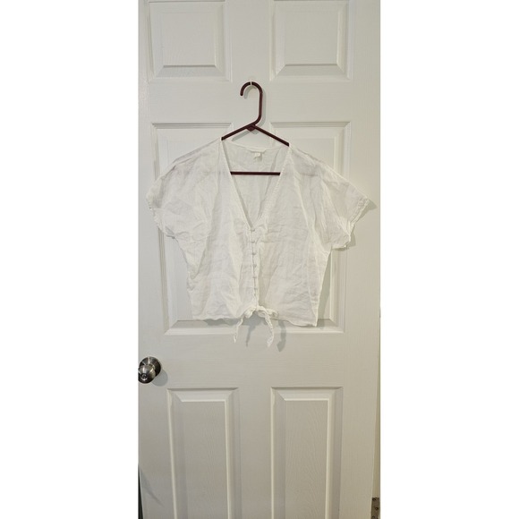 H&M Tops - H&M LINEN-BLEND TIE-HEM BLOUSE CROPPED CROP TOP WHITE Size UK 12 - US Small